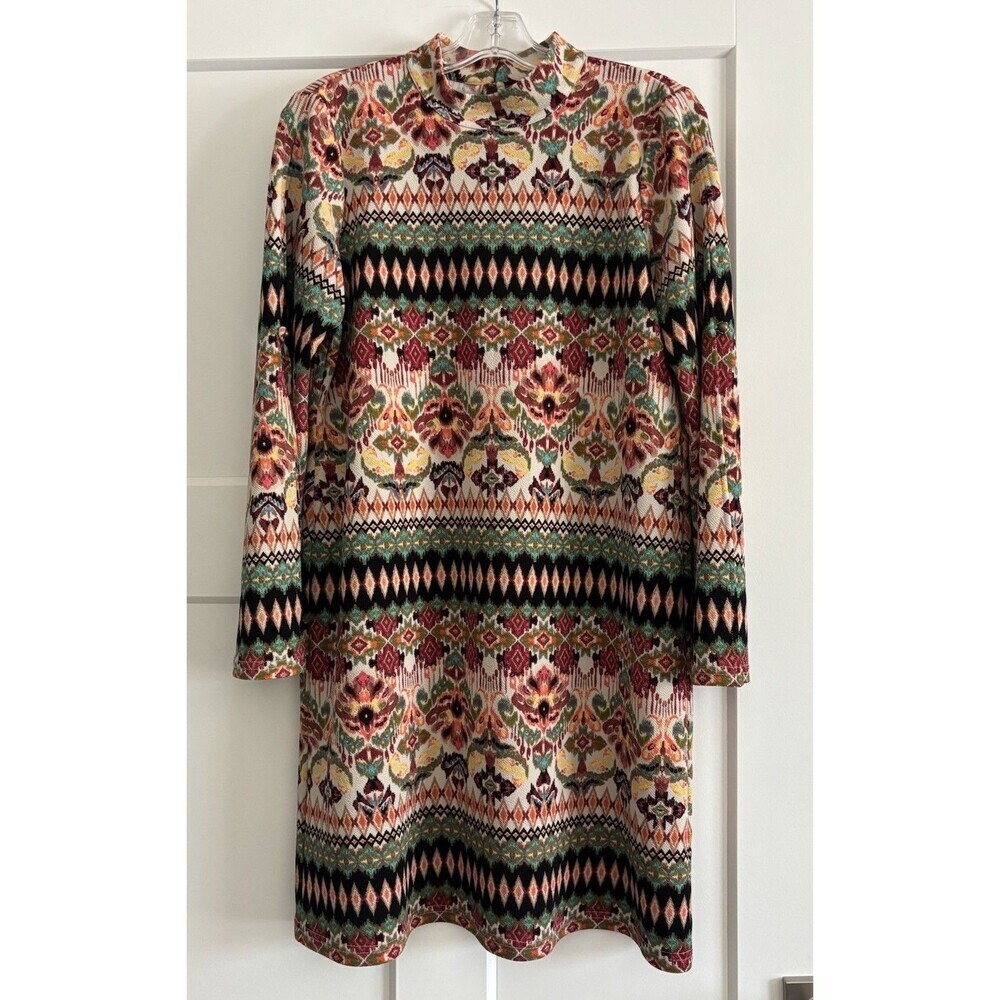 Uncle Frank Colorful Boho Tribal Mock Neck Shift Dress Long Sleeve Women’s Med